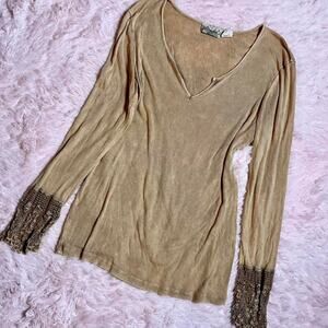 Earthy Brown Rib Knit Boho Indie Cottage Core Mushroom Granola Retro Lace Top